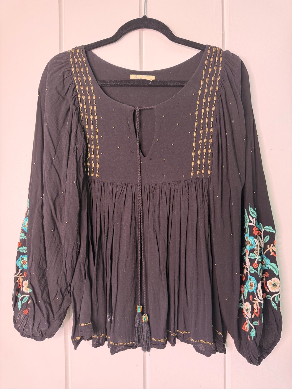 Floreat Black Embroidered Boho Tunic with Turquoise Floral Sleeves